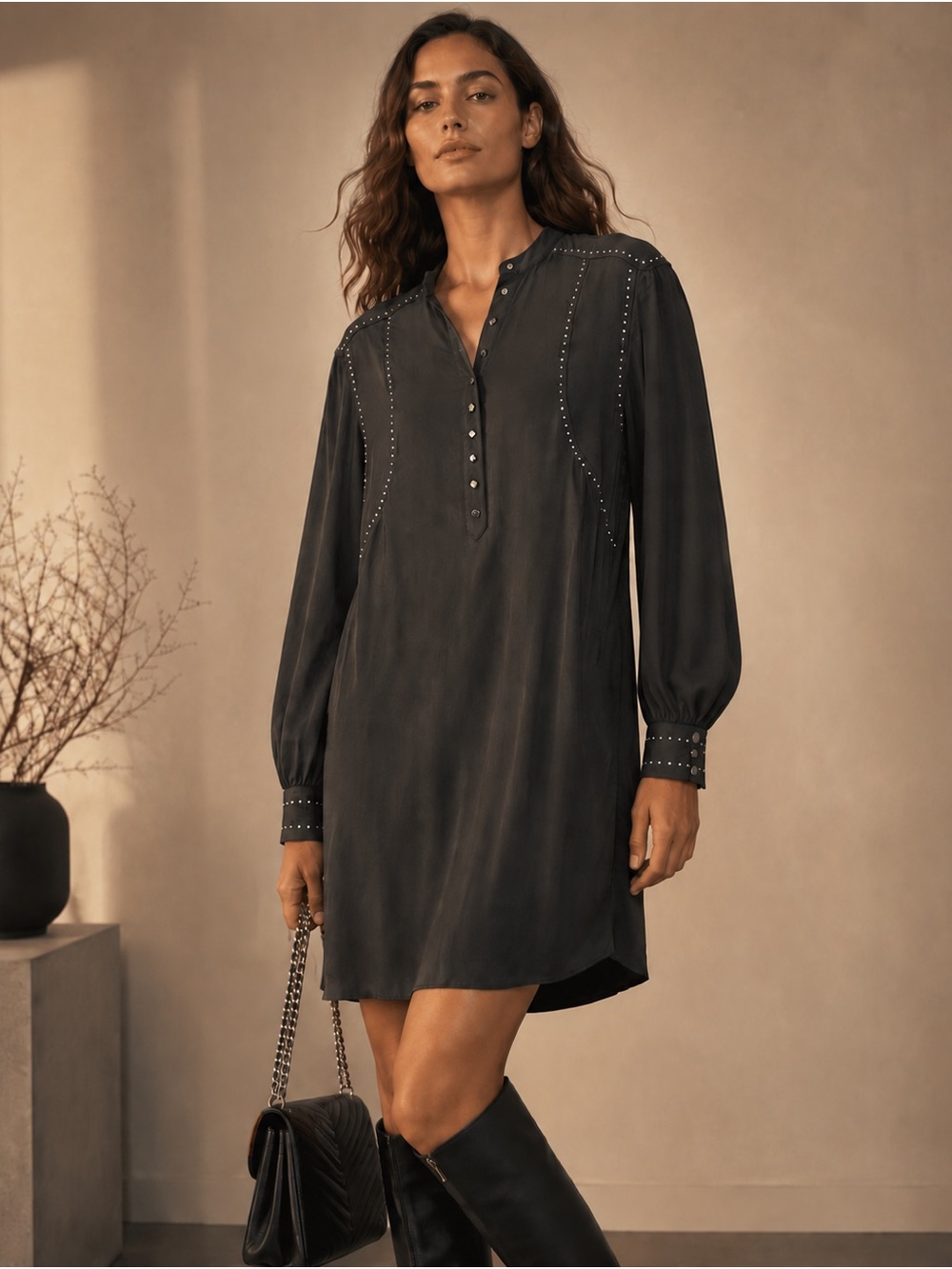 NWT Rebecca‎ Minkoff Florence Dress Black Studded Long Sleeve MSRP $248 Size L